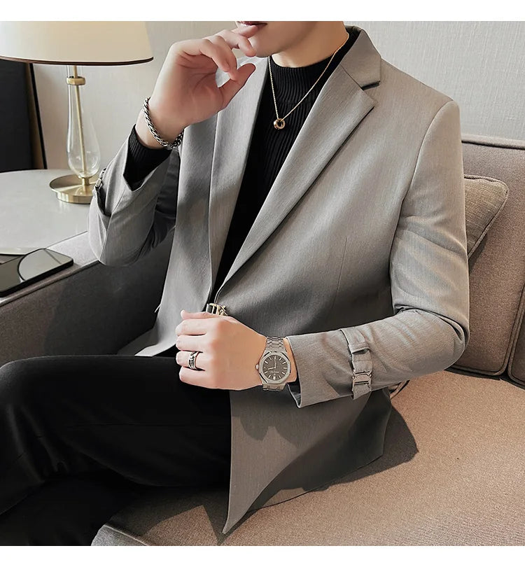 Men's Slim Fit Blazer Metal Buckle Decoration Smart Casual Wedding Party Jacket