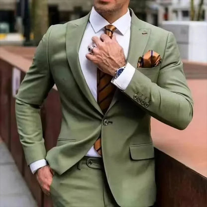 2-Piece Green Men's Slim Fit Suit with Split Collar Jacket And Long Pants Business Formal Men's Clothing
