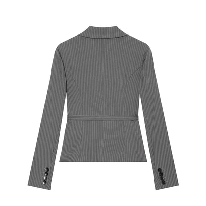 Elegant Women's Striped Blazer With Belt 2026 Spring Autumn Lapel Long Sleeves Single Breasted Slim Trendy Office Lady Suit