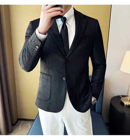 Vintage Suede Line Bronzing Striped Suit Coats 2025 Autumn New High Quality Men Slim Business Social Formal Suit Coats Tailcoat