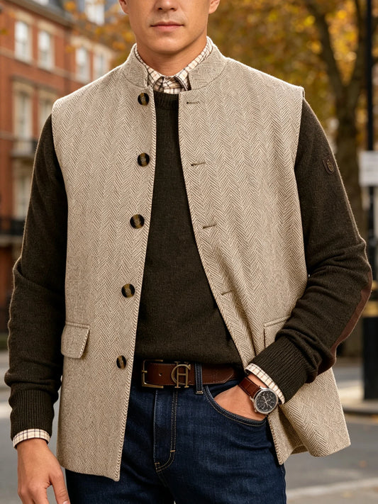 Men's Herringbone Tweed Vest – Sleeveless Wool Blend Waistcoat for Smart Casual & Business Wear