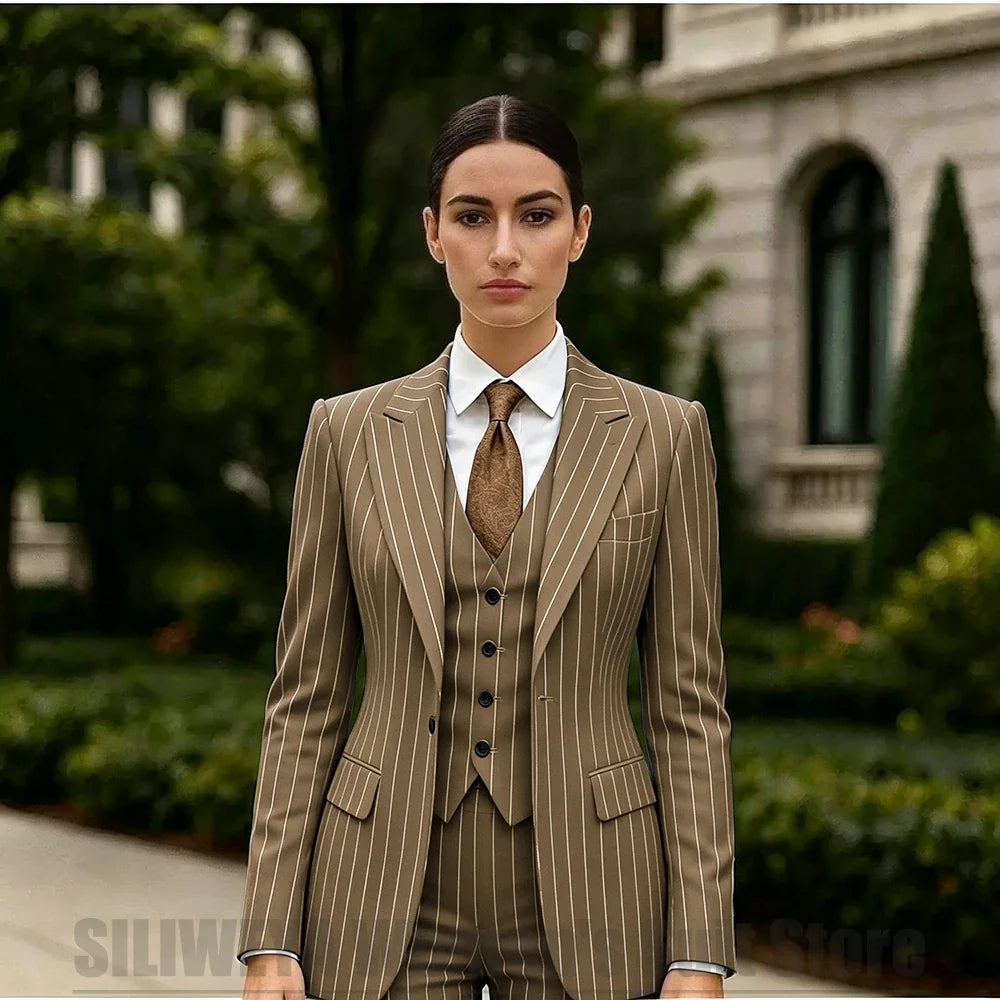 White Striped Women Suit 3 Piece Chic Peak Lapel One Button Blazer Vest Pants Formal Office Business Wedding Party Wear