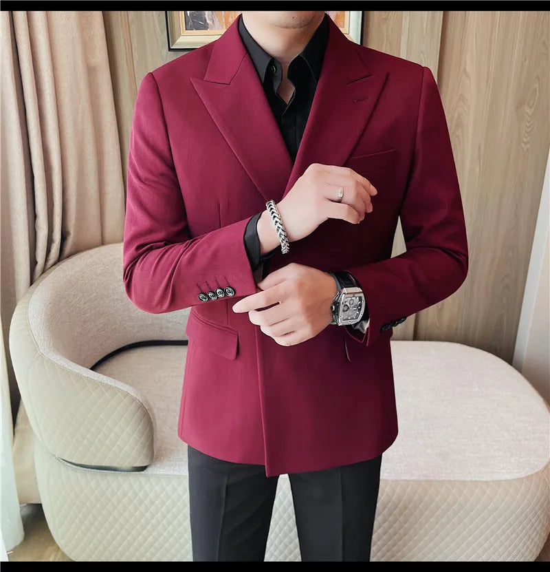 British Style Double Breasted Blazer Jackets Men High Quality Casual Business Suit Jacket Slim Business Wedding Groom Dress