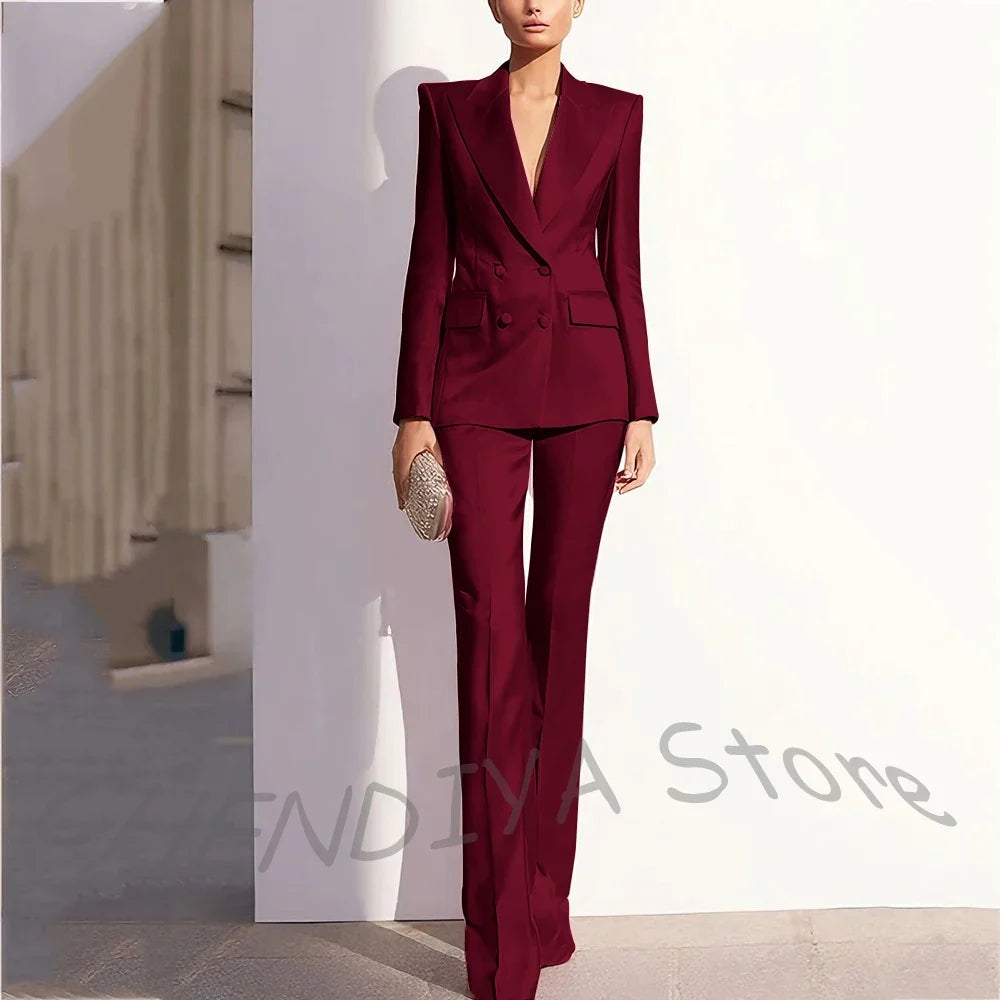 Luxury Satin Women Pants Suit Tailored Business Attire Dusty Rose 2 Piece Peak Lapel Straight Formal Outfit Daily Office Set