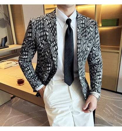 Korean Slim Fit Casual Suit Jacket for Men Fashion Camouflage Business Social Blazers Wedding Streetwear Dress Coat Men Clothing
