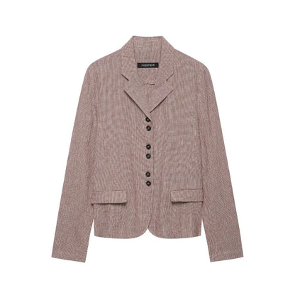 Casual Women Houndstooth Linen Blazer 2026 Spring Autumn Elegant Female Long Sleeves Lapel Collar Office Slim Suit Outerwear