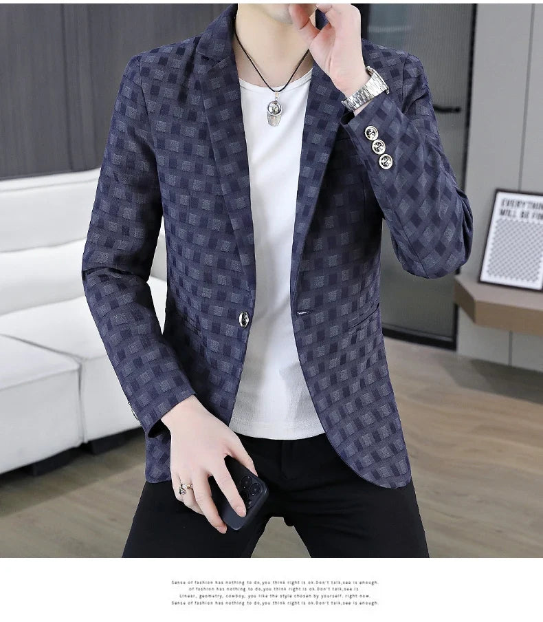 2026 Spring Autumn Men's Suit Jacket Korean Checkered Suit Jackets Slim Fit Fashion Casual Business Formal Blazers Costume Homme