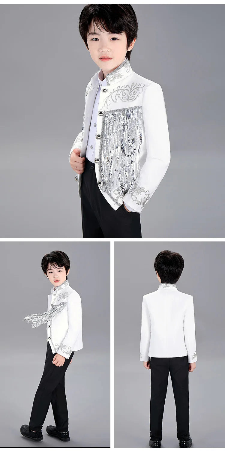 Boys Sequenant 2 Pieces/Set Jacket Pants Embroidery Paino Host Performance Dress Kids Stage Show Photography Suit Children's Set