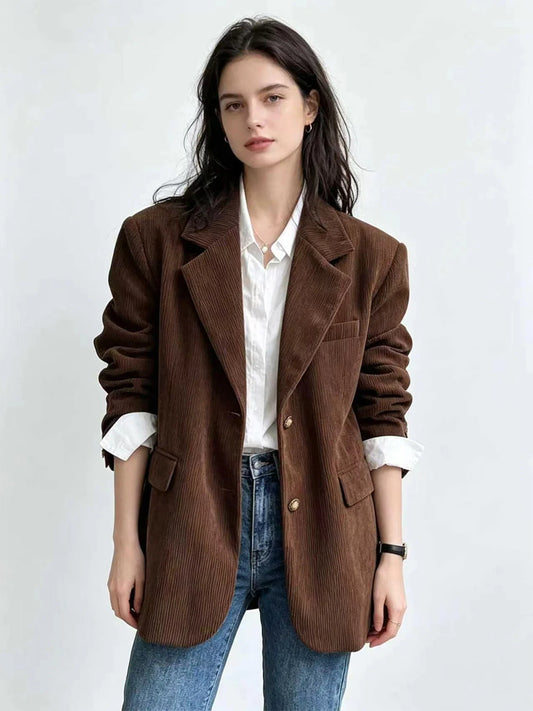Women's Brown Corduroy Blazer Y2k 2000s Vintage Suit Coat Fashion Loose Casual Outerwear Suit Blazer Top for Women Spring Autumn