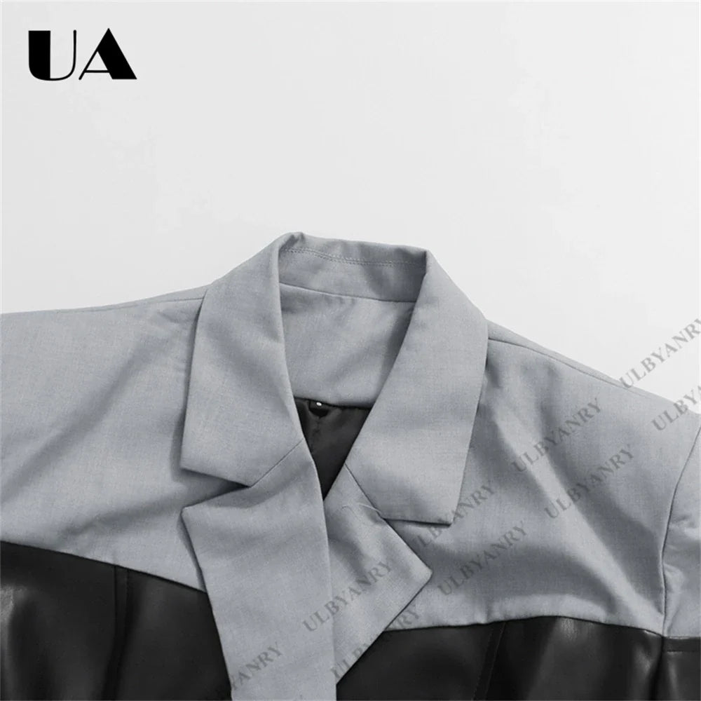 Colorblock Faux Leather Blazer with Notch Lapel Cuff Straps for Street Style Fashion Week Suit Jacket Club Night Blazer
