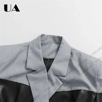 Colorblock Faux Leather Blazer with Notch Lapel Cuff Straps for Street Style Fashion Week Suit Jacket Club Night Blazer