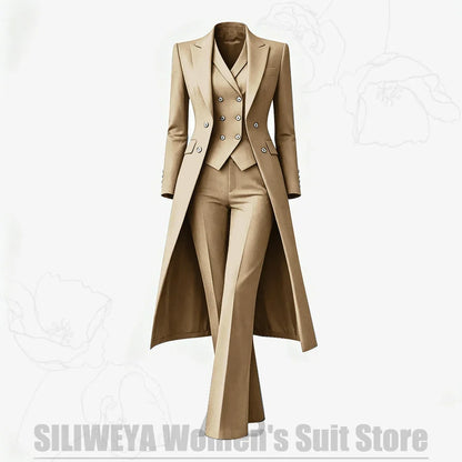Women's Suit 3 Piece Double Breasted Long Coat Vest Pants Elegant Formal Business Wear Luxury Wedding Party Prom Outfit 2026