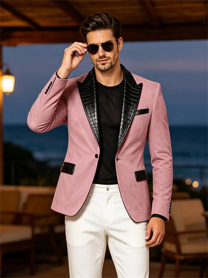 Men's Suede Slim Fit Blazer Jacket Crocodile Pattern Lapel Design Suit Coat Formal Business Prom Wedding Party Tuxedo Outerwear