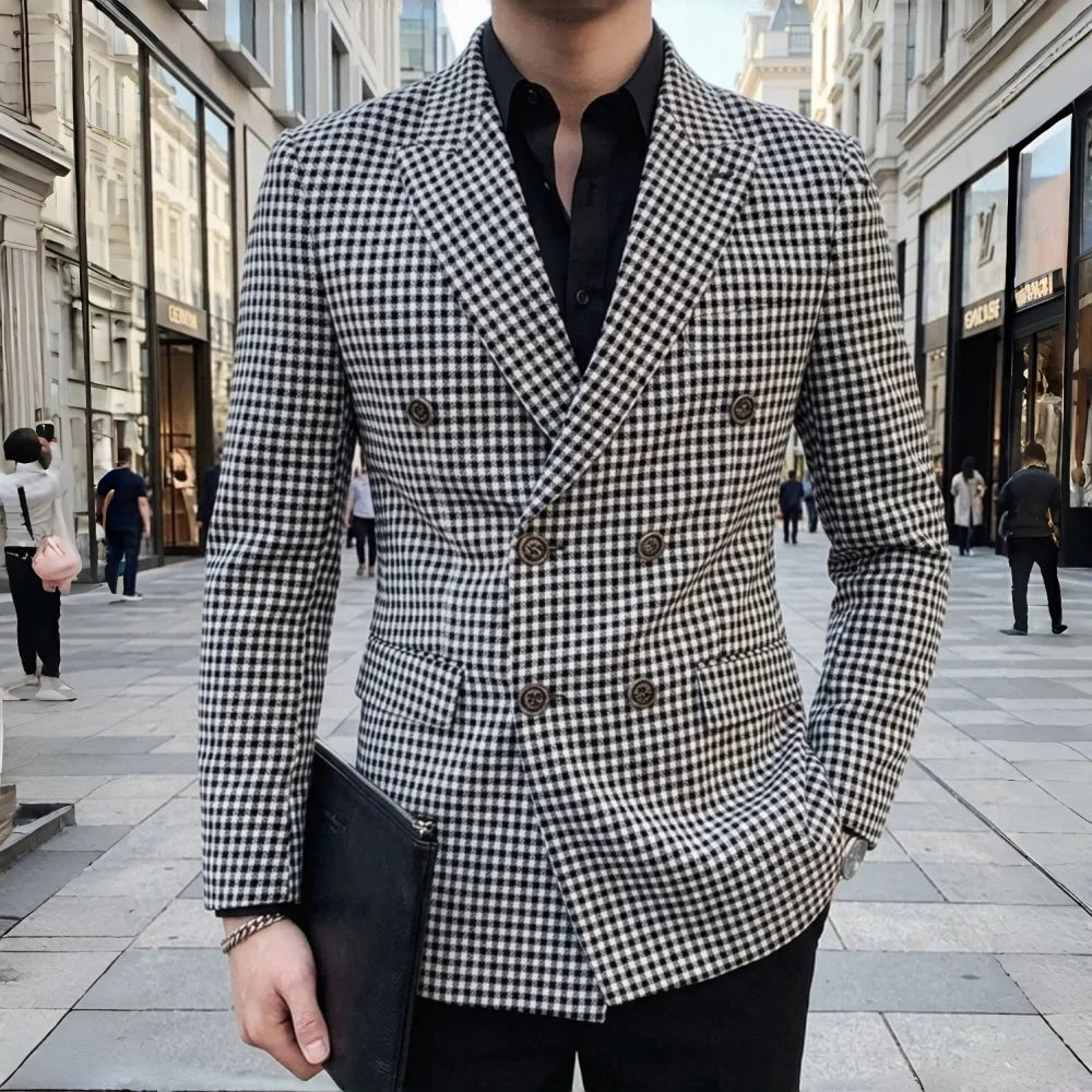 Slim Fit Plaid Men Suit Jacket 1 Piece Double Breasted Houndstooth Check Male Blazer For Wedding Prom Party tweed blazer coats