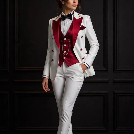 White And Dark Red Formal Business Women Suit Wedding Party Prom Ladies Mother Girl Tuxedos Costume 3 Piece Set Blazer Vest Pant