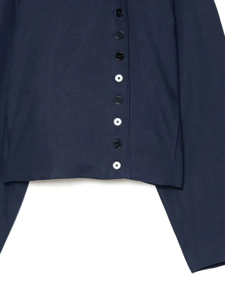Women Collarless Cropped Blazer Round Neck Button Front Short Jacket Minimalist Loose Office Lady Casual Outerwear