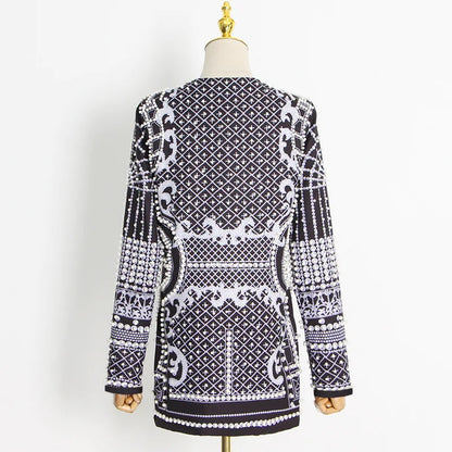 Autumn New Women's Elegant Fashion Luxury Heavy Craft Beaded Printed Coat Stylish V-neck Long Sleeve High-end Blazer HK8297