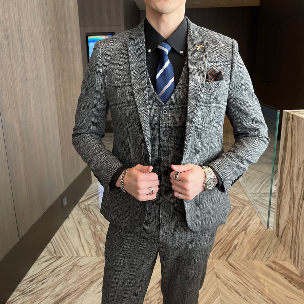 Ensemble costume trois pièces à carreaux modifié de haute qualité de style coréen britannique pour hommes - Gilet et pantalon de costume décontracté élégant