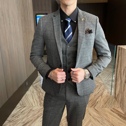 Ensemble costume trois pièces à carreaux modifié de haute qualité de style coréen britannique pour hommes - Gilet et pantalon de costume décontracté élégant