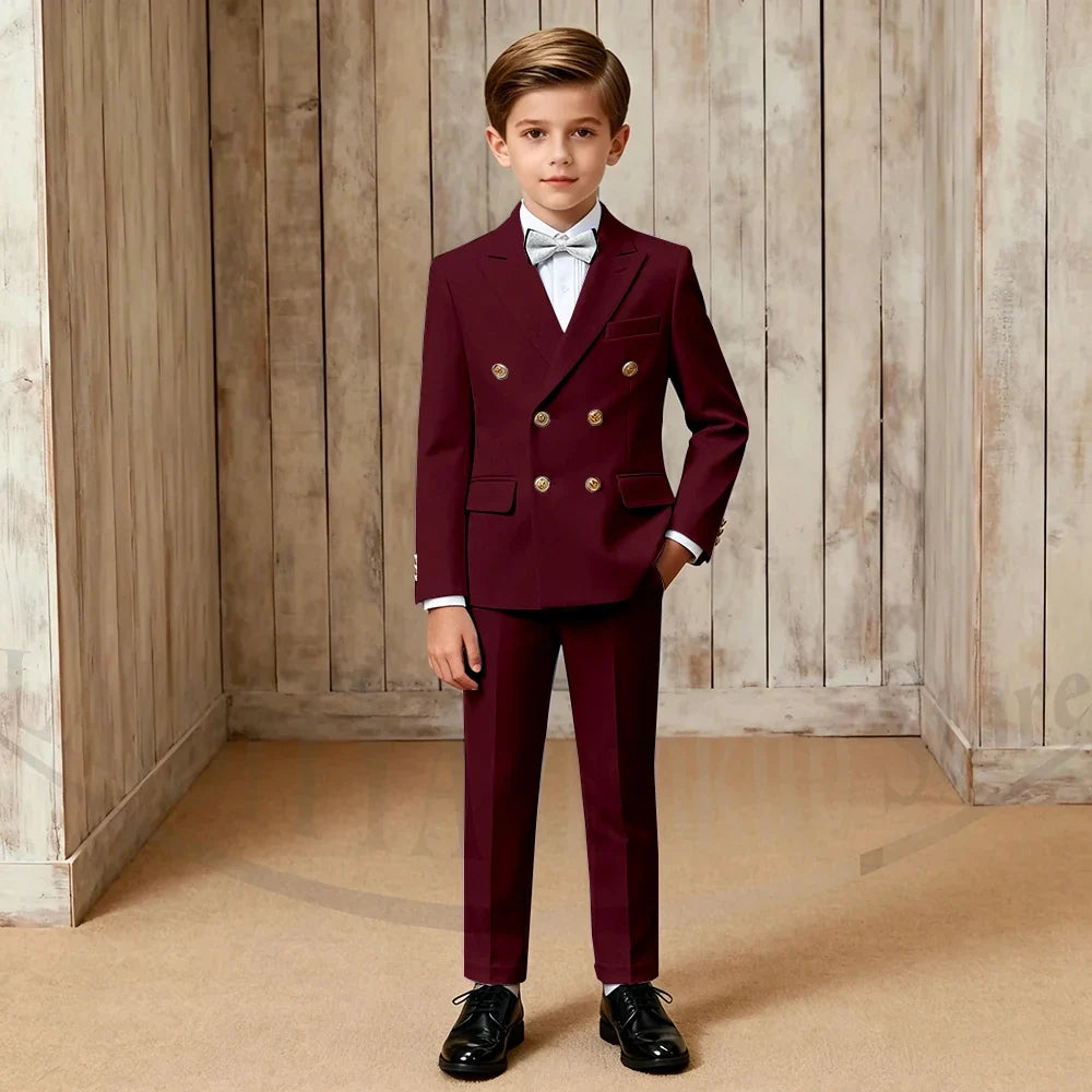 Chic Boys Suit Fashion Double Breasted Peak Lapel Wear Formal Wedding Party Prom Kids Elegant Gentleman Outfit 2 Piece Set