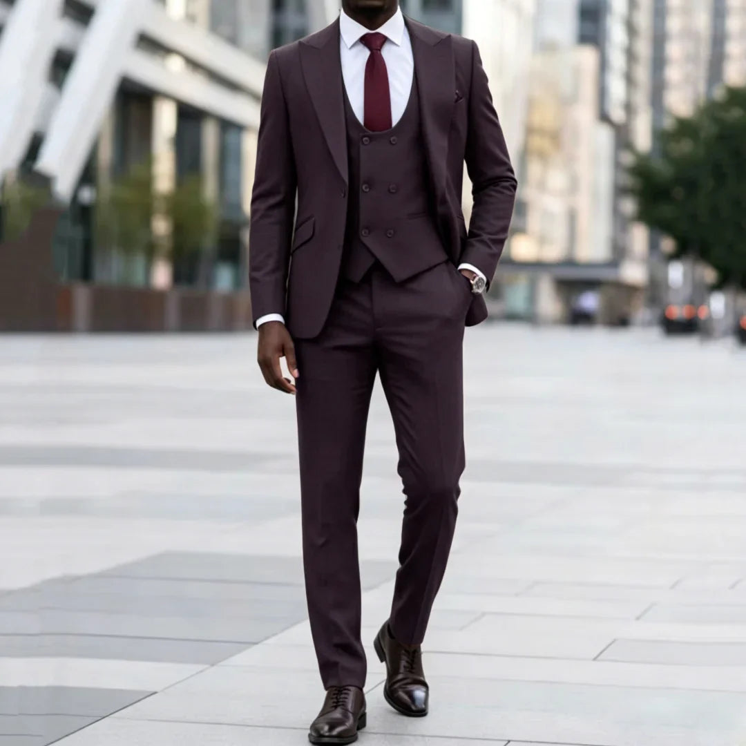 Men Suit Dark Brown 3 Pieces Solid With Lapel For Wedding Birthday Banquet Party Business Work Office Set Jacket Vest Pants