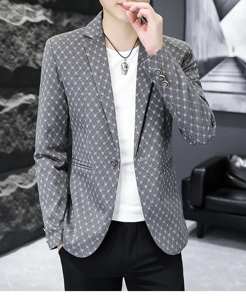 Korean Letter Print Men Blazers Brand 2024 Spring Casual Business Suit Jackets Slim Fit Street Wear Social Jacket Men Clothing