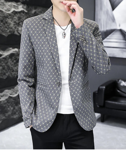 Korean Letter Print Men Blazers Brand 2024 Spring Casual Business Suit Jackets Slim Fit Street Wear Social Jacket Men Clothing