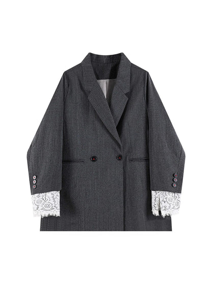 Women's Grey Lace Patchwork Blazer Jacket Vintage Suit Coat Harajuku Elegant Long Sleeve Casual Outerwear 2000s Clothes Autumn