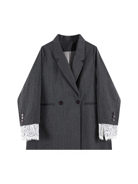 Women's Grey Lace Patchwork Blazer Jacket Vintage Suit Coat Harajuku Elegant Long Sleeve Casual Outerwear 2000s Clothes Autumn