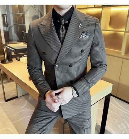 Korean Slim Fitt Wedding Suit Fashion Striped Double Breasted Suit 3 Piece Set Business Formal Casual Party Prom Host Suits