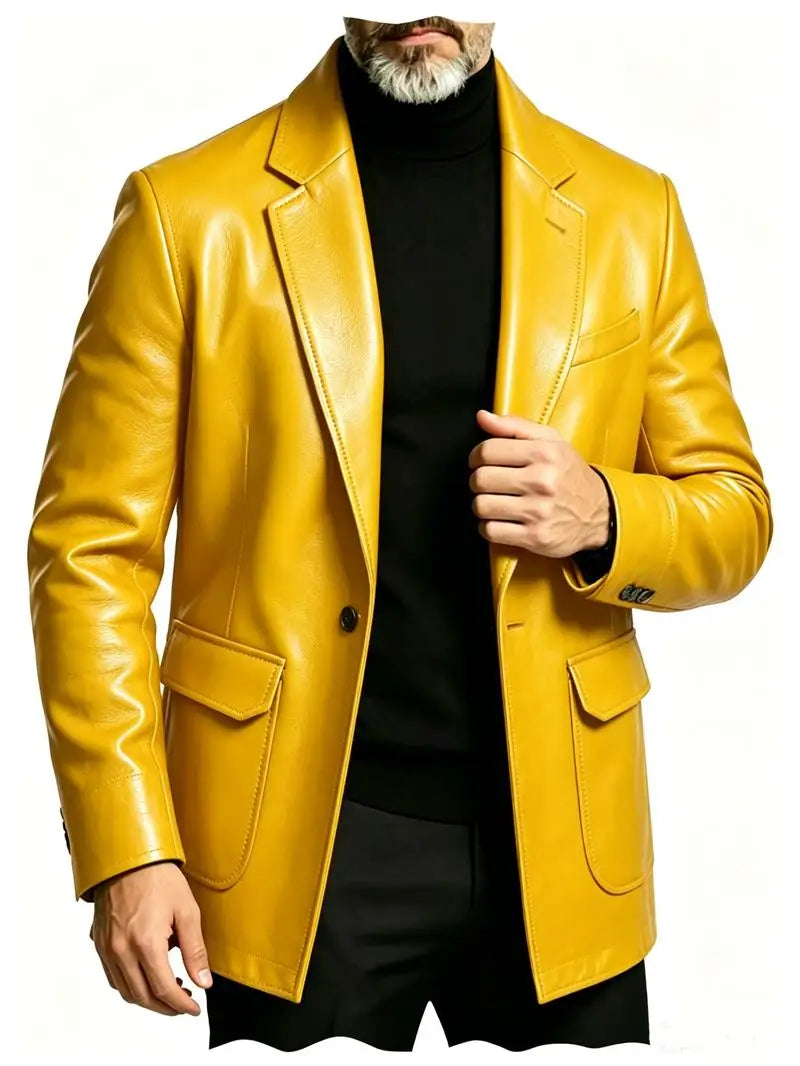 Men's PU Leather Blazer Single Breasted Slim Fit Notched Collar Suit Jacket Motorcycle Sport Coat For Formal Business Party