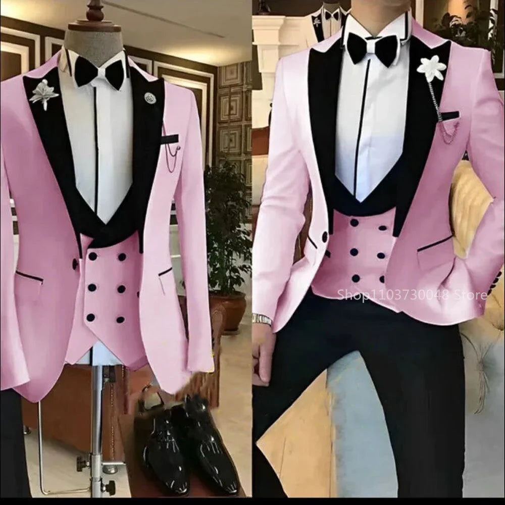 Latest Solid Formal Men's Wedding Suit Slim Fit Elegant Groom Tuxedos Business Party Suits 3 Pieces Sets (Jacket+Vest+Pants)