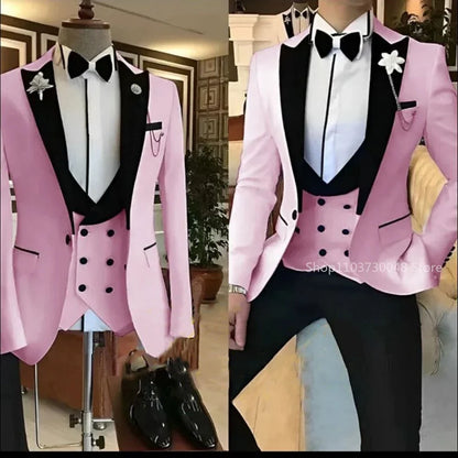 Solid Men's 3 Pieces Suit One Button Peak Lapel Jacket Vest Trousers Dinner Wedding Groom Tuxedos Slim Fit Formal Business Suits