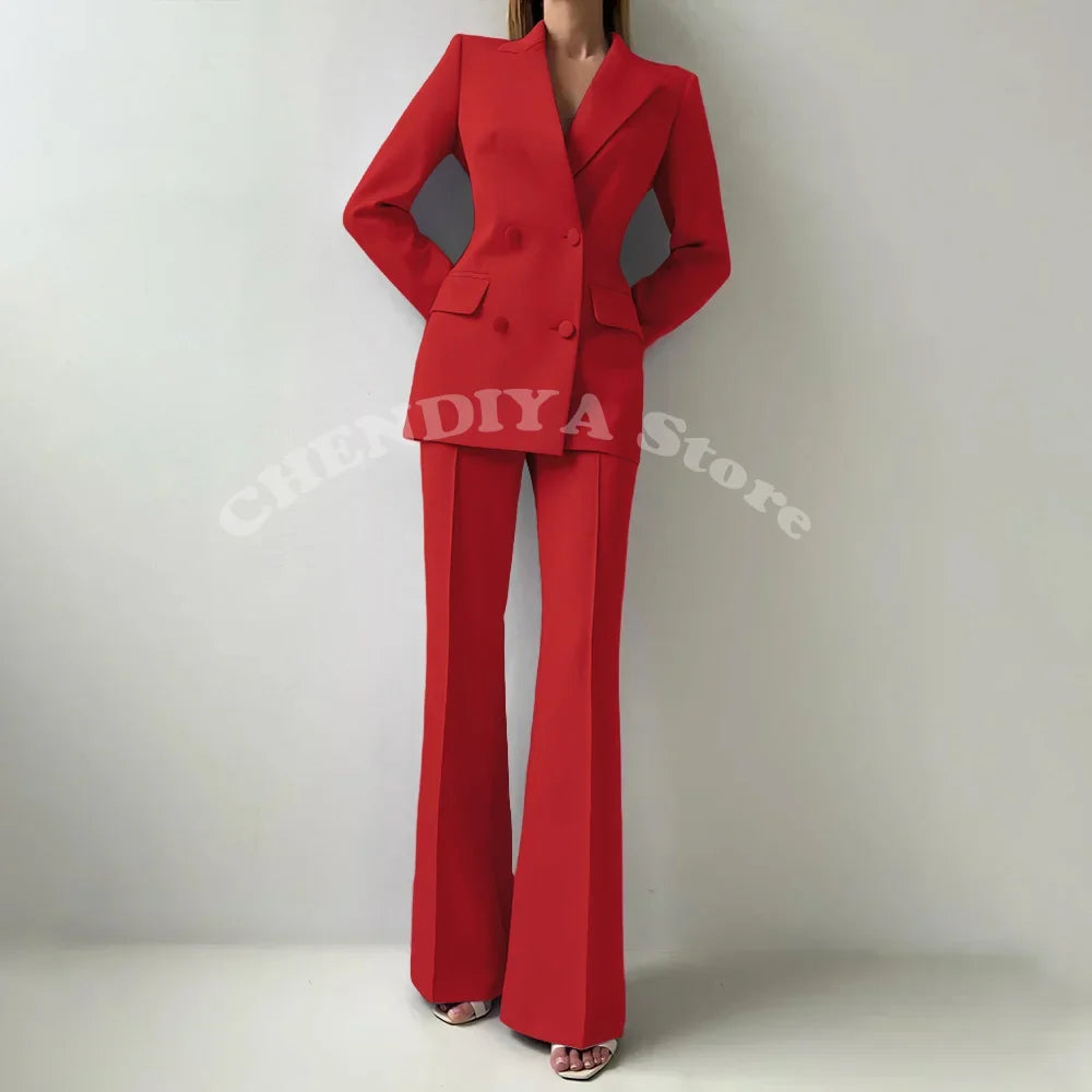 Women Suits Sets 2 Piece Elegant Peak Lapel Double Breasted Outfits Fashion Daily Casual Chic Female Suit (Jacket+Pants)