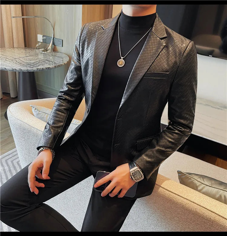 British Style Woven Suit Jacket Men Autumn Winter Lapel Casual Business Dress Coat Wedding Social Banquet Party Blazer Masculino