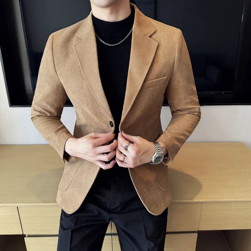 Men's Corduroy Blazer Single Breasted Smart Casual Wedding Jacket