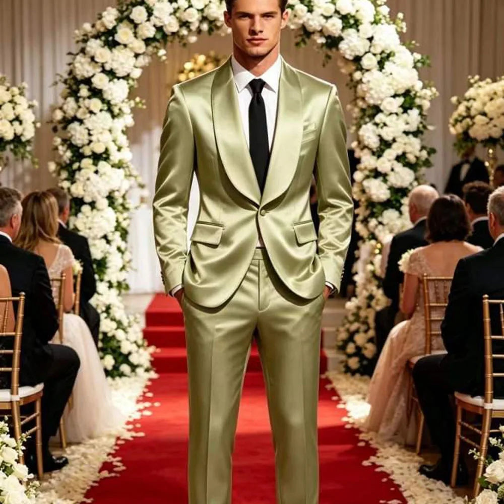 Men's Satin Suit 2-Piece Slim Fit Shawl Lapel Tuxedo for Wedding & Formal Events