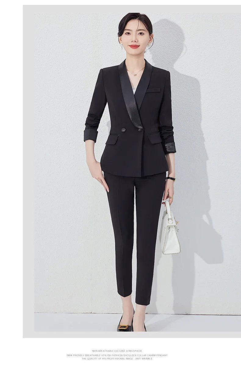 Autumn New Women's Pants Suit 2 Piece Clothing Set Elegant Chic Color Block Blazer Jacket and Trousers Sets Red Formal Work