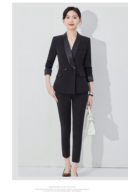 Autumn New Women's Pants Suit 2 Piece Clothing Set Elegant Chic Color Block Blazer Jacket and Trousers Sets Red Formal Work