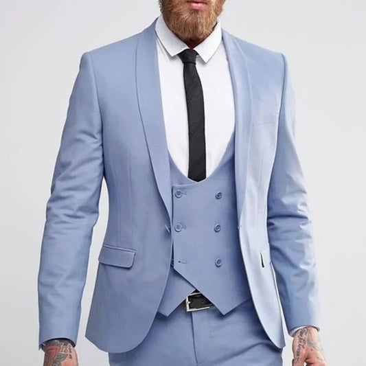 Sky Blue Business Elegant  Suits For Men Smart Casual Slim Fit Blazers Hombre High Quality Custom 3 Piece Set Costume Homme