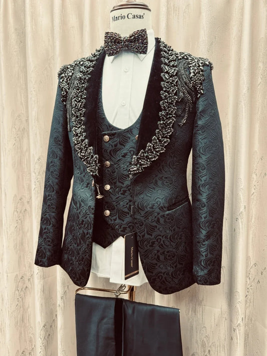 Jacquard Luxury Beaded Suit Set 3 Pieces Black Elegant Shawl Lapel Suits Wedding Groom Sets Plus Size Handsome Tuxedo For Party