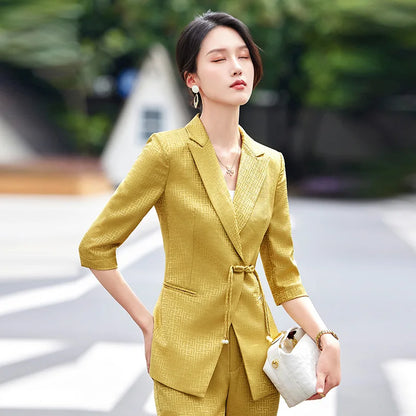 Chinese style Spring Summer Women Elegant Office Work Three Quarter Blazer Tops And Flare Pant Fashion Oversize Two Piece Suits