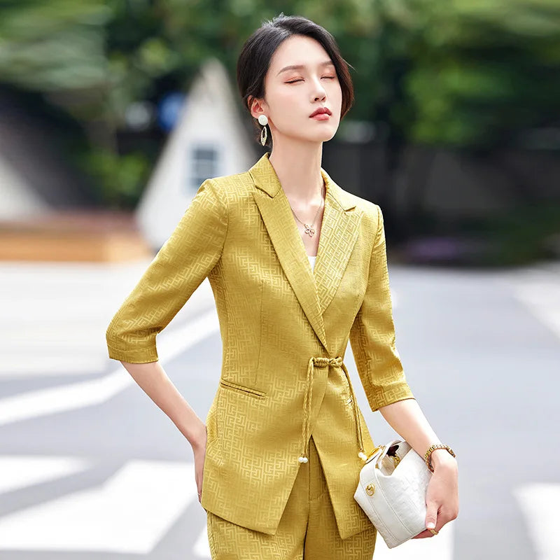 Chinese style Spring Summer Women Elegant Office Work Three Quarter Blazer Tops And Flare Pant Fashion Oversize Two Piece Suits