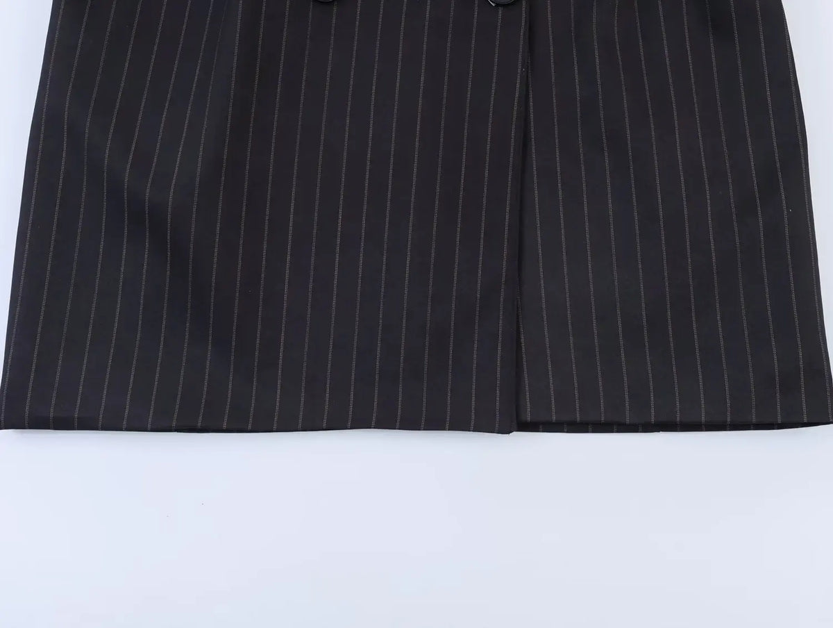 Women New Fashion Charcoal Gray Pinstripe Double-breasted Blazer Coat Female Versatile Lapel Long Sleeve Office Suit Jacket