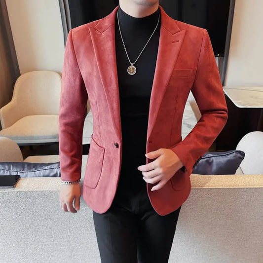 2024 Autumn Winter Men's Suede Suit Jacket High End Business Casual Blazers Slim Fit Wedding Groom Street Wear Social Dress Coat