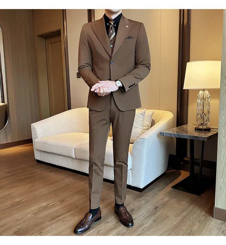 (Blazer + Vest + Trousers) 2024 New Men Formal Business Solid Suit 3 Pieces Set Italian Style Luxury Wedding Social Party Tuxedo