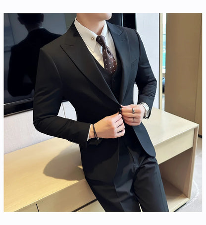 (Jacket + Vest + Pant) Men's Formal Slim Fit Business Work Wedding Stage Tuxedo Fashion Best Men Social Dress Suit 3 Pieces Set