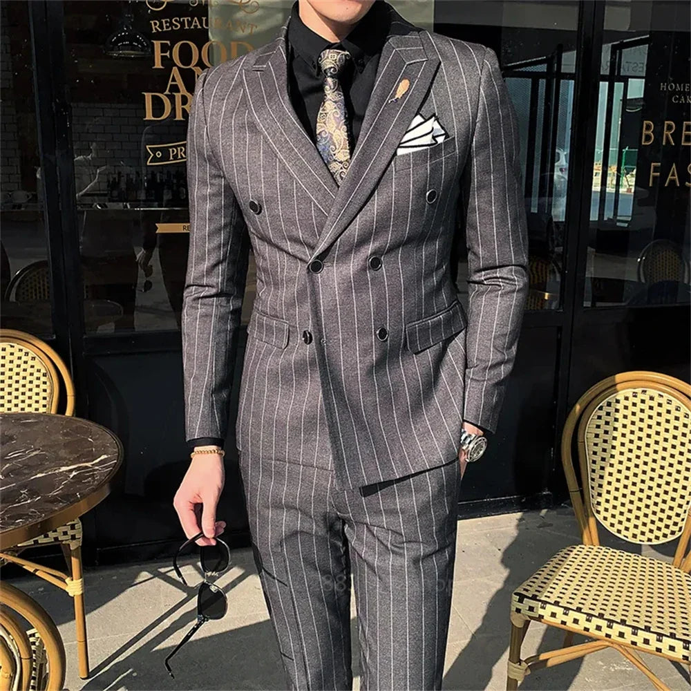 2 Pieces Stripe Fit Business Korean Edition Vertical Double Breasted Suit Men's Suit Homme Slim Wedding Banquet Set of