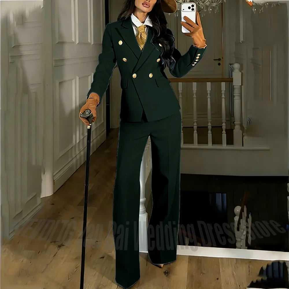 Navy Blue Women's Suit Regular Fitted Customized Peaked Lapel Blazer Professional Outfit(Jacket+Pants) Office Lady Daily Set