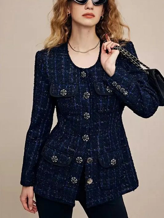 Women O Neck Single Breasted Slim Waist Tweed Jacket Mid Long Vintage Plaid Office Ladies Work Coat Twill Jackets Party Outwear